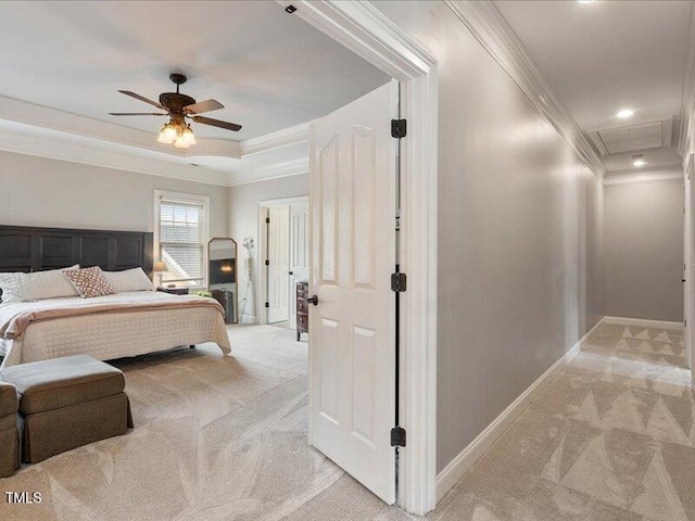 2207 Cameron Pond Dr, Cary, NC 27519 - bedroom with light carpet, crown molding, baseboards, a raised ceiling, and ceiling fan
