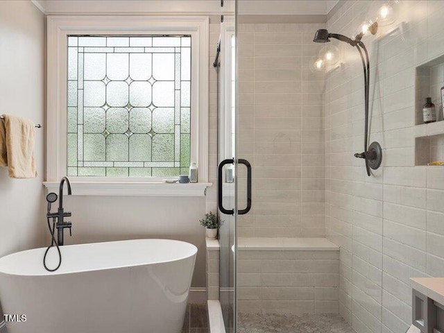 2207 Cameron Pond Dr, Cary, NC 27519 - bathroom featuring a shower stall and a freestanding bath