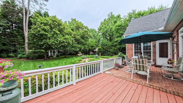 119 Georgetowne Dr, Elon, NC 27244 - wooden deck featuring a yard and outdoor dining area