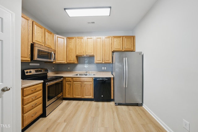 8621 Neuse Club Ln Unit 106, Raleigh, NC 27616 - kitchen with appliances with stainless steel finishes, light wood-style floors, light countertops, decorative backsplash, and a sink