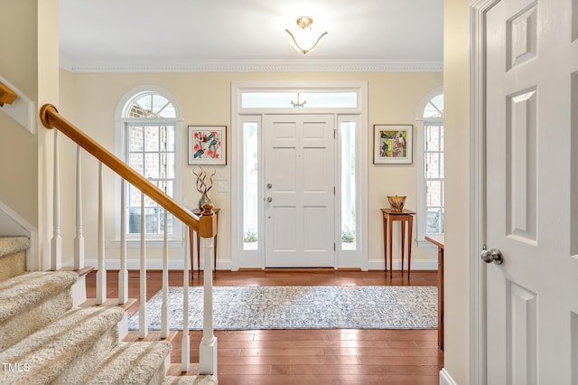 14 Marigold Pl, Durham, NC 27705 - foyer entrance featuring stairway, wood-type flooring, ornamental molding, and baseboards
