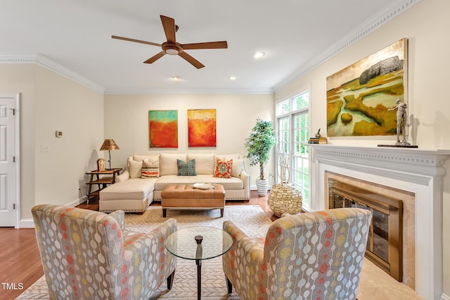 14 Marigold Pl, Durham, NC 27705 - living area with ceiling fan, ornamental molding, a glass covered fireplace, recessed lighting, and wood finished floors