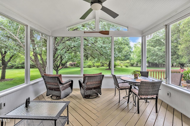 14 Marigold Pl, Durham, NC 27705 - sunroom / solarium with a ceiling fan, view of wooded area, vaulted ceiling, and outdoor dining area