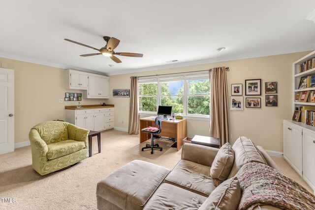 14 Marigold Pl, Durham, NC 27705 - living area with a ceiling fan, an office area, light colored carpet, crown molding, and baseboards