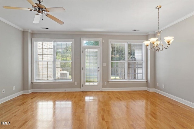2822 Pickett Rd Unit 132, Durham, NC 27705 - spare room with light wood-type flooring, ornamental molding, baseboards, a chandelier, and a ceiling fan