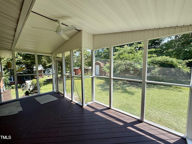 2909 Sprucewood Dr, Durham, NC 27707 - unfurnished sunroom with a ceiling fan and vaulted ceiling