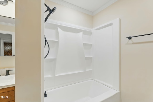 6617 Whitted Rd, Fuquay Varina, NC 27526 - bathroom with ornamental molding, vanity, and shower / bath combination