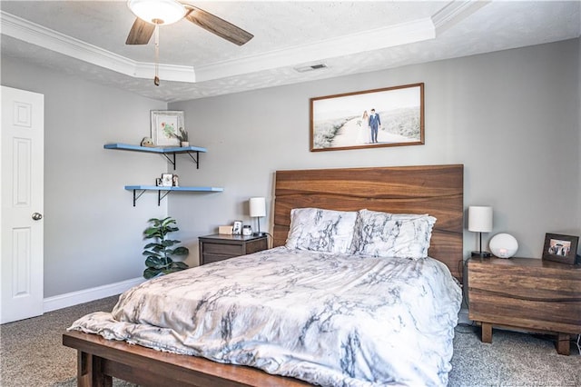 191 Trenton Pl, Cameron, NC 28326 - bedroom featuring a tray ceiling, carpet, ornamental molding, baseboards, and ceiling fan