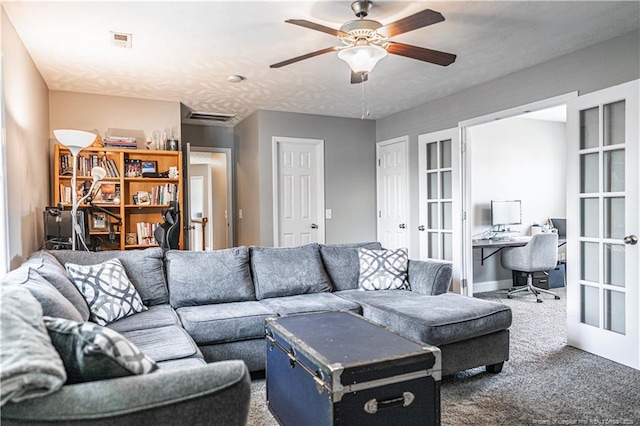 191 Trenton Pl, Cameron, NC 28326 - carpeted living room with french doors, an office area, and a ceiling fan