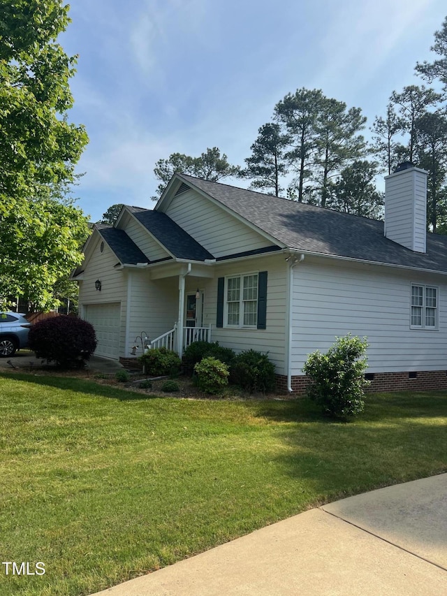 103 Kylie Savannah Ct, Cary, NC 27511 - ranch-style home with a garage, a front yard, roof with shingles, a chimney, and crawl space