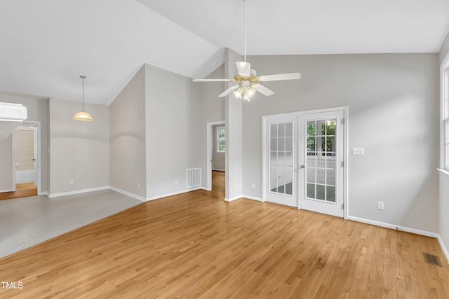 103 Kylie Savannah Ct, Cary, NC 27511 - unfurnished room with a ceiling fan, light wood-style floors, baseboards, and high vaulted ceiling