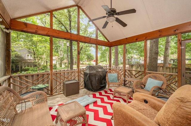 6035 Sentinel Dr, Raleigh, NC 27609 - sunroom featuring a ceiling fan and lofted ceiling