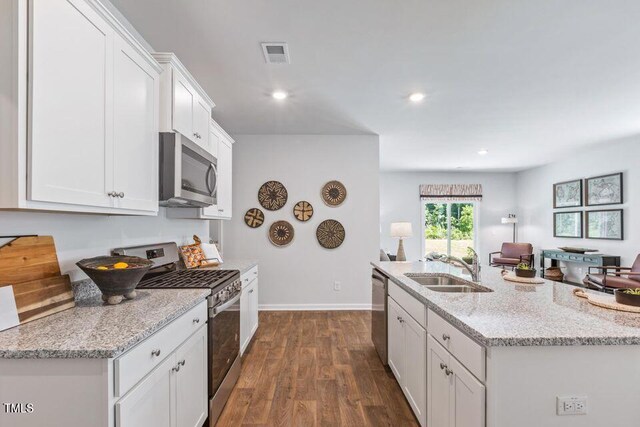 2132 Monk Dr, Haw River, NC 27258 - kitchen with stainless steel appliances, open floor plan, a sink, dark wood-style flooring, and white cabinetry