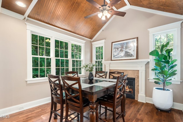 3748 Westbury Lake Dr, Raleigh, NC 27603 - dining area featuring ceiling fan, a high end fireplace, wood ceiling, wood finished floors, and high vaulted ceiling