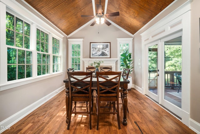 3748 Westbury Lake Dr, Raleigh, NC 27603 - dining room featuring wood ceiling, lofted ceiling, ceiling fan, and wood finished floors
