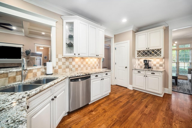 3748 Westbury Lake Dr, Raleigh, NC 27603 - kitchen featuring stainless steel dishwasher, white cabinets, crown molding, decorative backsplash, and glass insert cabinets