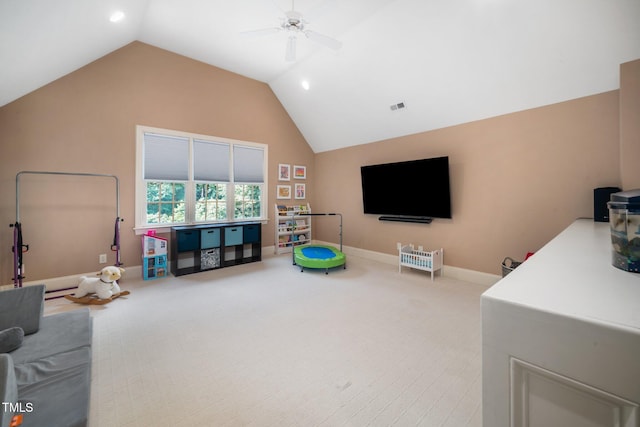 3748 Westbury Lake Dr, Raleigh, NC 27603 - rec room featuring carpet, ceiling fan, vaulted ceiling, and recessed lighting