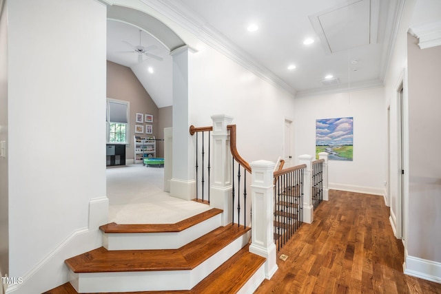 3748 Westbury Lake Dr, Raleigh, NC 27603 - hallway with attic access, an upstairs landing, recessed lighting, wood finished floors, and crown molding