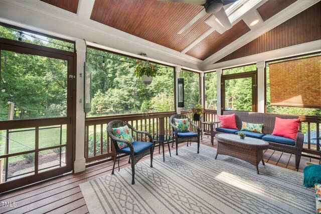 3748 Westbury Lake Dr, Raleigh, NC 27603 - sunroom with ceiling fan, outdoor lounge area, vaulted ceiling, and plenty of natural light