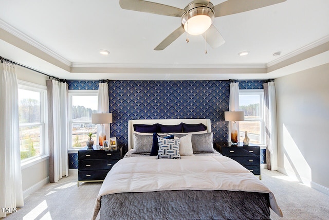 673 Sun Meadow Dr, Wake Forest, NC 27587 - carpeted bedroom with ornamental molding, baseboards, an accent wall, recessed lighting, and ceiling fan