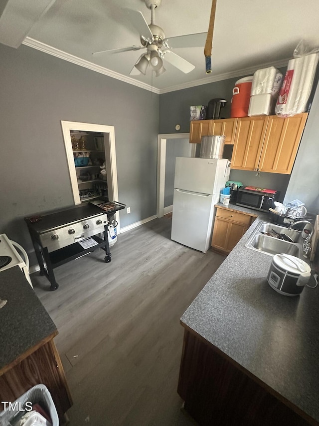 2511 Chapel Hill Rd, Durham, NC 27707 - kitchen featuring freestanding refrigerator, a sink, stainless steel microwave, dark wood-style flooring, and crown molding