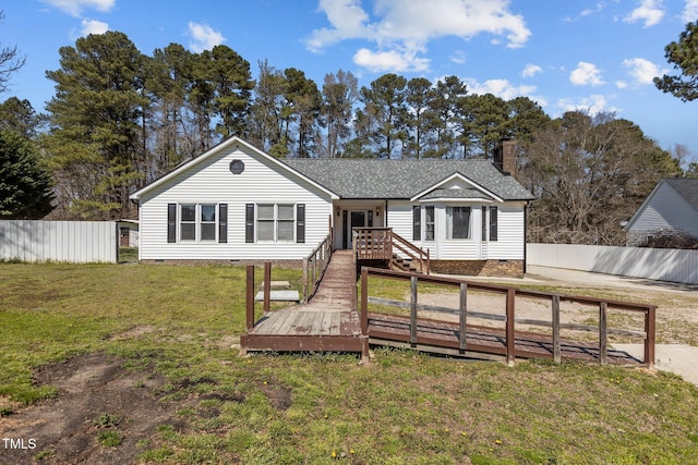 5437 Grasshopper Rd, Raleigh, NC 27610 - back of property with a chimney, roof with shingles, and crawl space