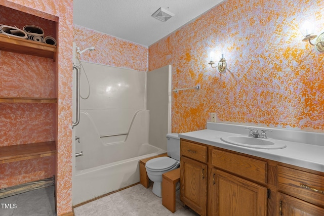 5437 Grasshopper Rd, Raleigh, NC 27610 - full bath featuring wallpapered walls, toilet, washtub / shower combination, and vanity