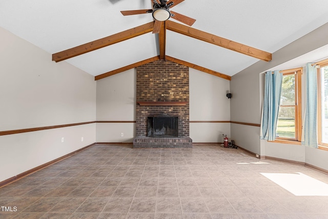 5437 Grasshopper Rd, Raleigh, NC 27610 - unfurnished living room featuring a ceiling fan, a brick fireplace, and baseboards