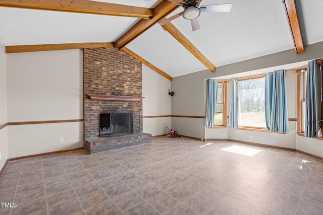 5437 Grasshopper Rd, Raleigh, NC 27610 - unfurnished living room with ceiling fan, a brick fireplace, and baseboards