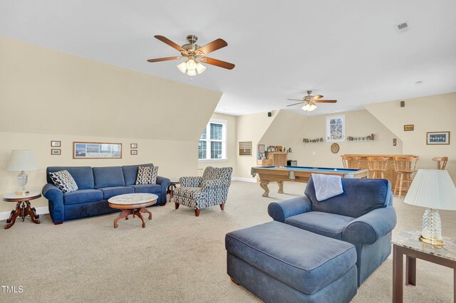 498 Mountain Laurel, Chapel Hill, NC 27517 - living room with carpet flooring, ceiling fan, a bar, pool table, and baseboards