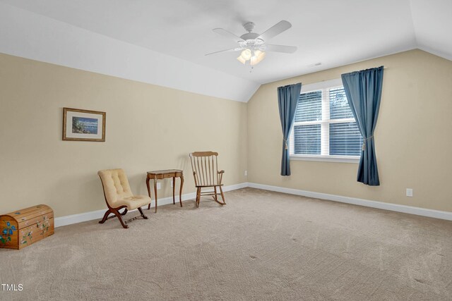 498 Mountain Laurel, Chapel Hill, NC 27517 - living area featuring vaulted ceiling, carpet flooring, ceiling fan, and baseboards