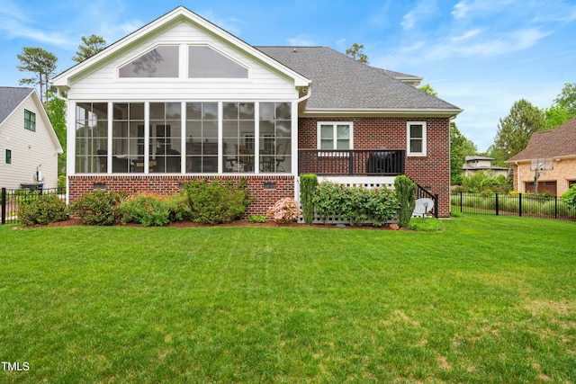 498 Mountain Laurel, Chapel Hill, NC 27517 - back of house with brick siding, a sunroom, and roof with shingles