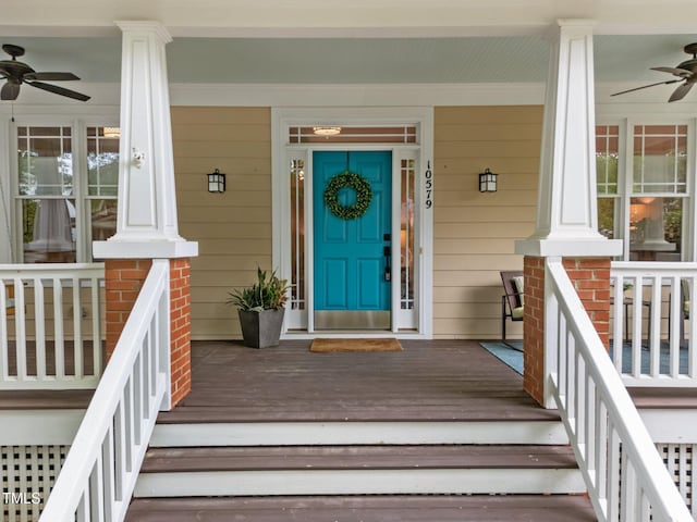 10579 Evergreen Spring Pl, Raleigh, NC 27614 - doorway to property featuring ceiling fan and covered porch