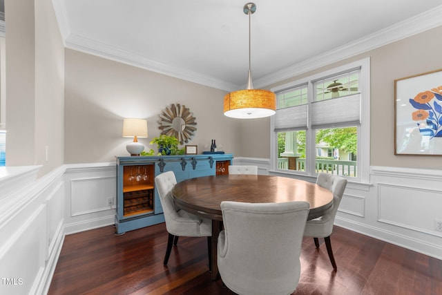 10579 Evergreen Spring Pl, Raleigh, NC 27614 - dining area with ornamental molding, wood finished floors, wainscoting, and a decorative wall