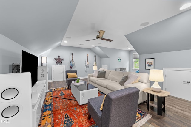 10579 Evergreen Spring Pl, Raleigh, NC 27614 - living area featuring lofted ceiling, a ceiling fan, wood finished floors, and recessed lighting
