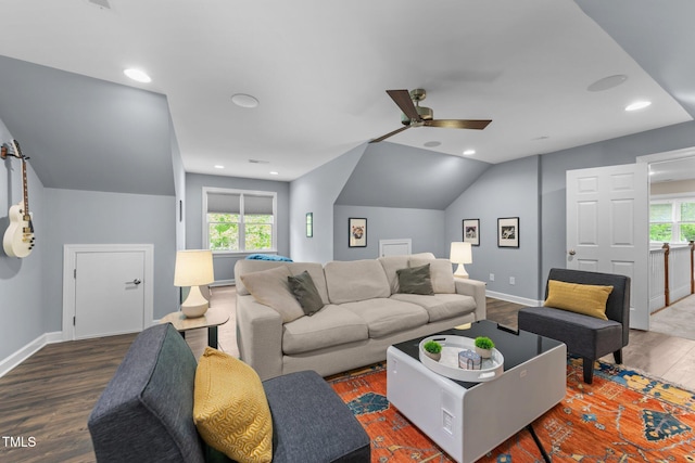 10579 Evergreen Spring Pl, Raleigh, NC 27614 - living area featuring wood finished floors, ceiling fan, baseboards, vaulted ceiling, and recessed lighting