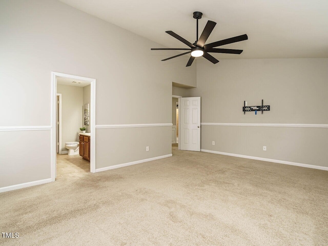 1833 Creek Oak Cir, Fuquay Varina, NC 27526 - unfurnished room with a ceiling fan, light carpet, high vaulted ceiling, and baseboards
