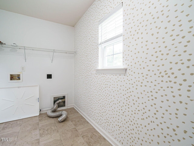 1833 Creek Oak Cir, Fuquay Varina, NC 27526 - laundry room with electric dryer hookup, hookup for a washing machine, baseboards, and wallpapered walls