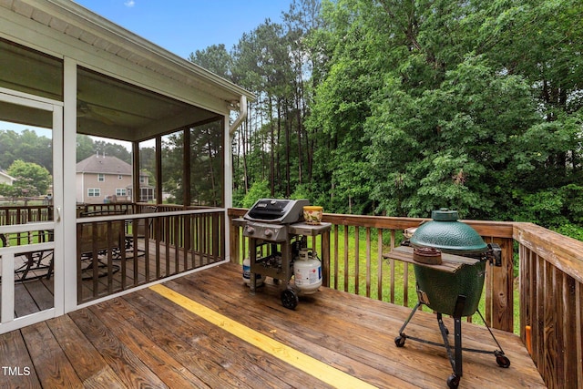 2709 Banks Lake Ct, Fuquay Varina, NC 27526 - deck with a sunroom, a grill, and view of scattered trees