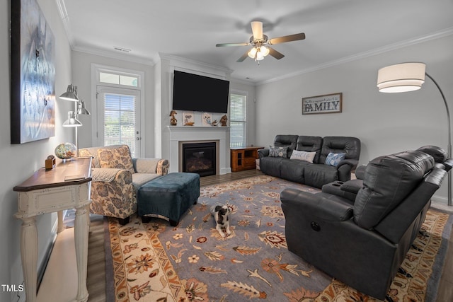 461 Cedar Pond Ct, Knightdale, NC 27545 - living area featuring wood finished floors, ornamental molding, a ceiling fan, and a glass covered fireplace