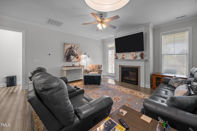 461 Cedar Pond Ct, Knightdale, NC 27545 - living area featuring ornamental molding, wood finished floors, a ceiling fan, a glass covered fireplace, and baseboards