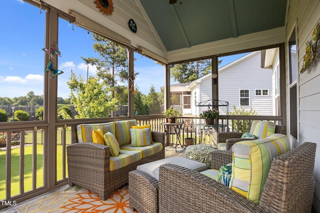 461 Cedar Pond Ct, Knightdale, NC 27545 - sunroom / solarium featuring lofted ceiling, ceiling fan, an outdoor living space, and healthy amount of natural light