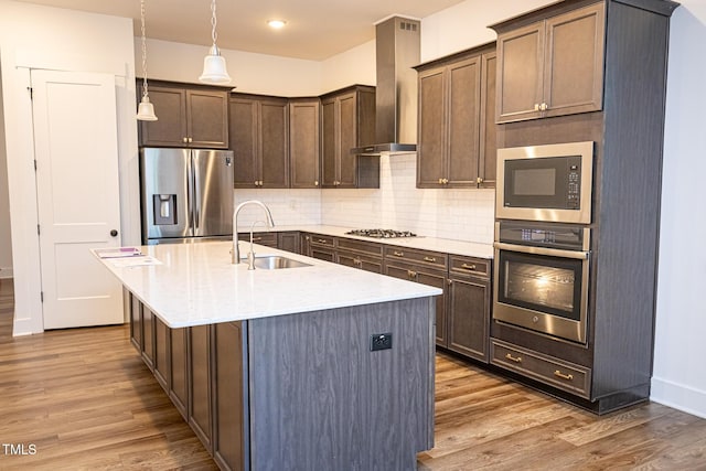 1950 Menet St, Apex, NC 27502 - kitchen with appliances with stainless steel finishes, wall chimney exhaust hood, a sink, wood finished floors, and tasteful backsplash