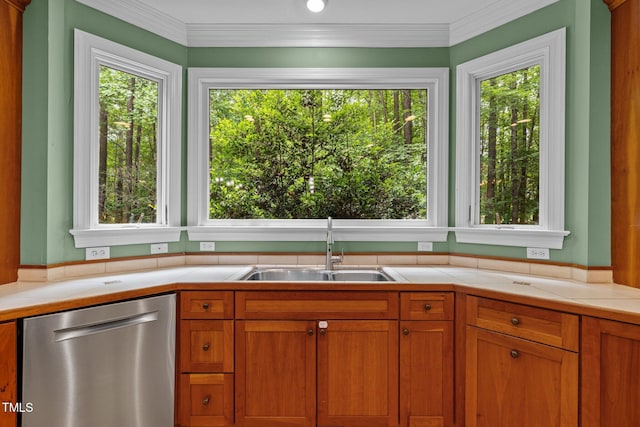 1501 Chatsworth Ln, Raleigh, NC 27614 - kitchen featuring dishwasher, a sink, plenty of natural light, tile countertops, and ornamental molding