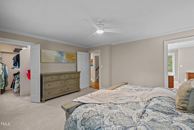 1501 Chatsworth Ln, Raleigh, NC 27614 - bedroom featuring a walk in closet, ornamental molding, a closet, light carpet, and ceiling fan