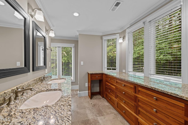 1501 Chatsworth Ln, Raleigh, NC 27614 - full bath with double vanity, ornamental molding, baseboards, and recessed lighting