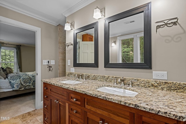1501 Chatsworth Ln, Raleigh, NC 27614 - full bathroom with double vanity, connected bathroom, and ornamental molding