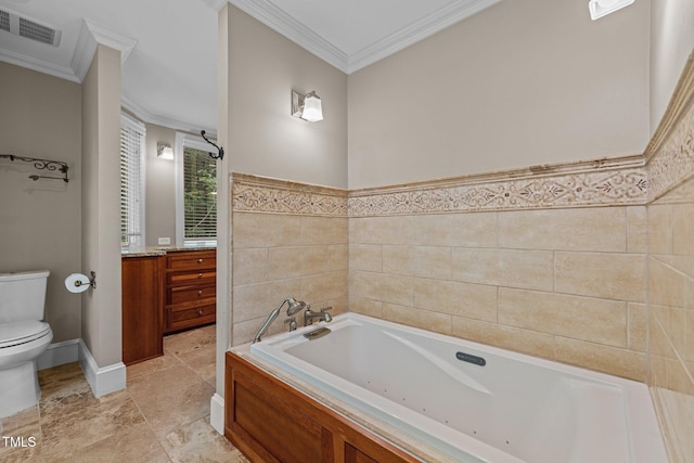 1501 Chatsworth Ln, Raleigh, NC 27614 - full bathroom featuring crown molding, toilet, a garden tub, vanity, and tile walls