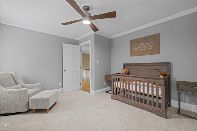 1501 Chatsworth Ln, Raleigh, NC 27614 - carpeted bedroom with crown molding, baseboards, and ceiling fan