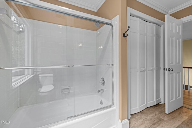 1501 Chatsworth Ln, Raleigh, NC 27614 - full bath featuring crown molding, enclosed tub / shower combo, and wood finished floors